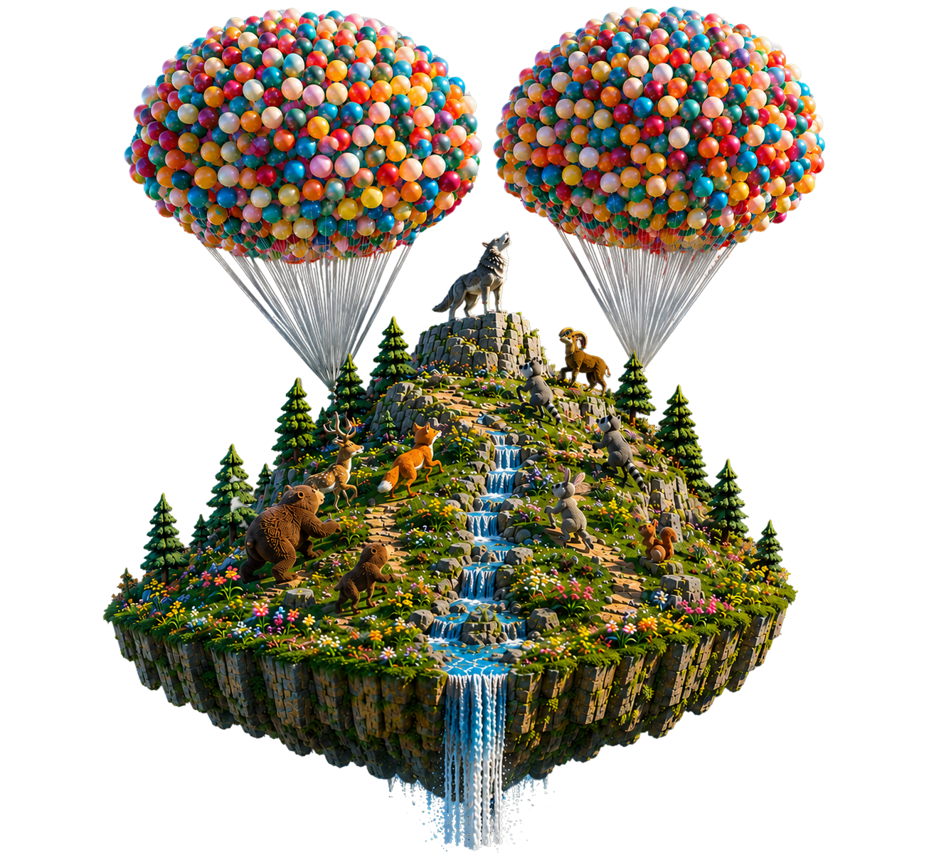 Illustration of a floating island with a mountain, pine trees and a waterfall, lifted by a bunch of colorful balloons