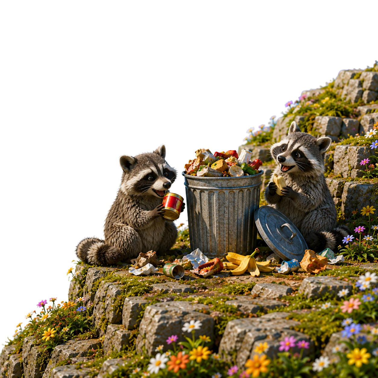 Illustration of two raccoons rummaging through a trash can surrounded by flowers
